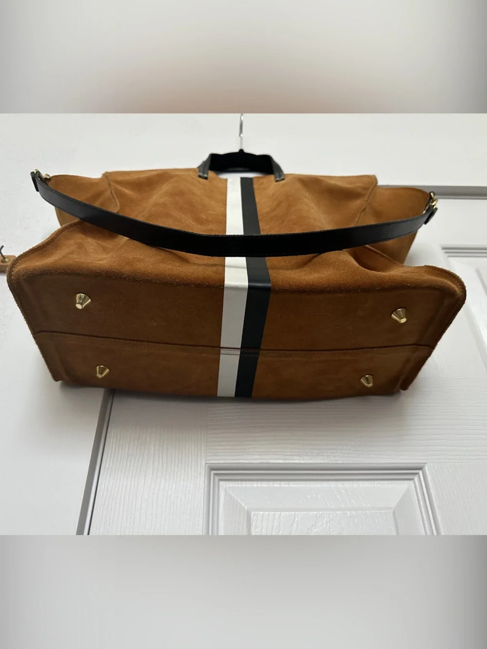 Clare V. Brown Suede Tote with Black and White Center Stripe - Picture 2 of 9